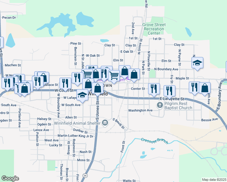 map of restaurants, bars, coffee shops, grocery stores, and more near 201-299 E Court St in Winnfield