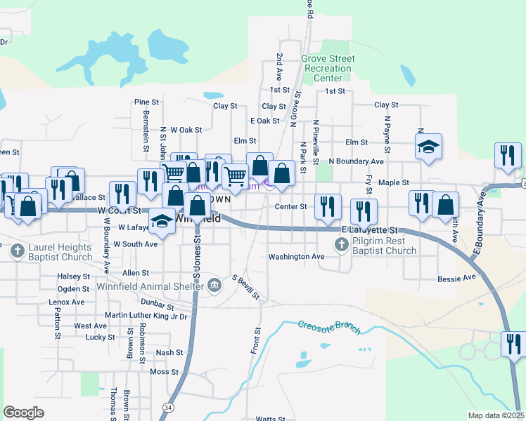 map of restaurants, bars, coffee shops, grocery stores, and more near 378 East Court Street in Winnfield