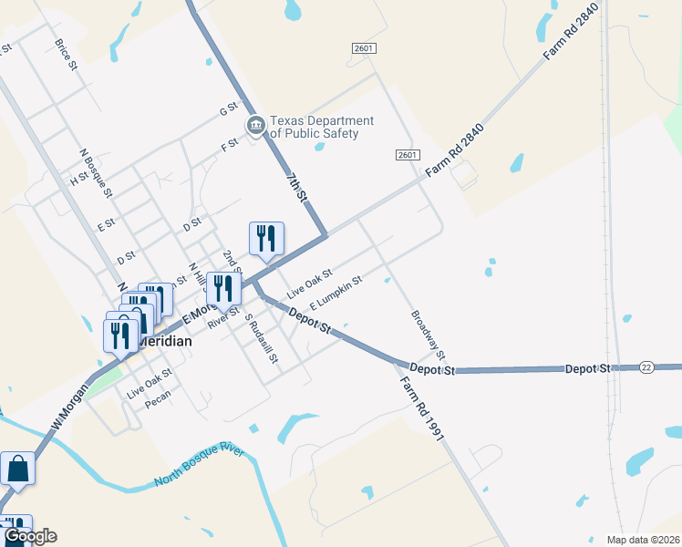 map of restaurants, bars, coffee shops, grocery stores, and more near 635 East Live Oak in Meridian