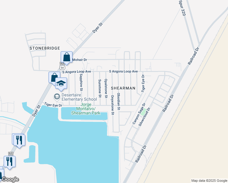 map of restaurants, bars, coffee shops, grocery stores, and more near 10736 Onyxstone Street in El Paso