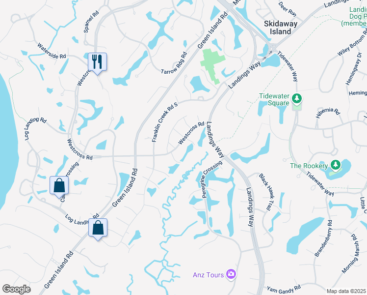 map of restaurants, bars, coffee shops, grocery stores, and more near 6 Westcross Road in Savannah