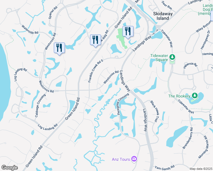 map of restaurants, bars, coffee shops, grocery stores, and more near 6 Westcross Road in Savannah