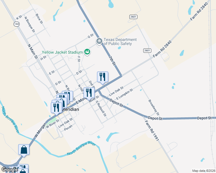 map of restaurants, bars, coffee shops, grocery stores, and more near 601-617 Farm Road 2840 in Meridian