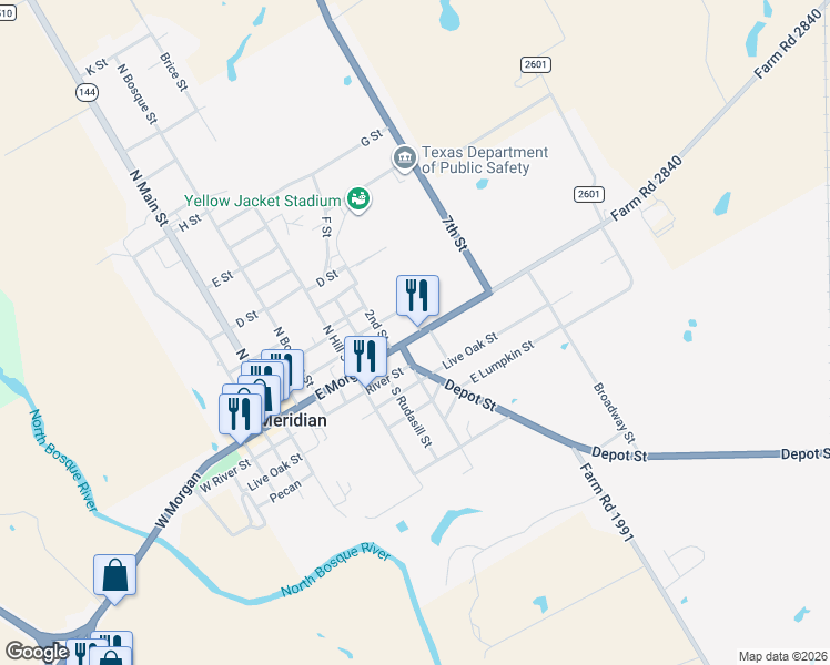 map of restaurants, bars, coffee shops, grocery stores, and more near 601 Farm Road 2840 in Meridian