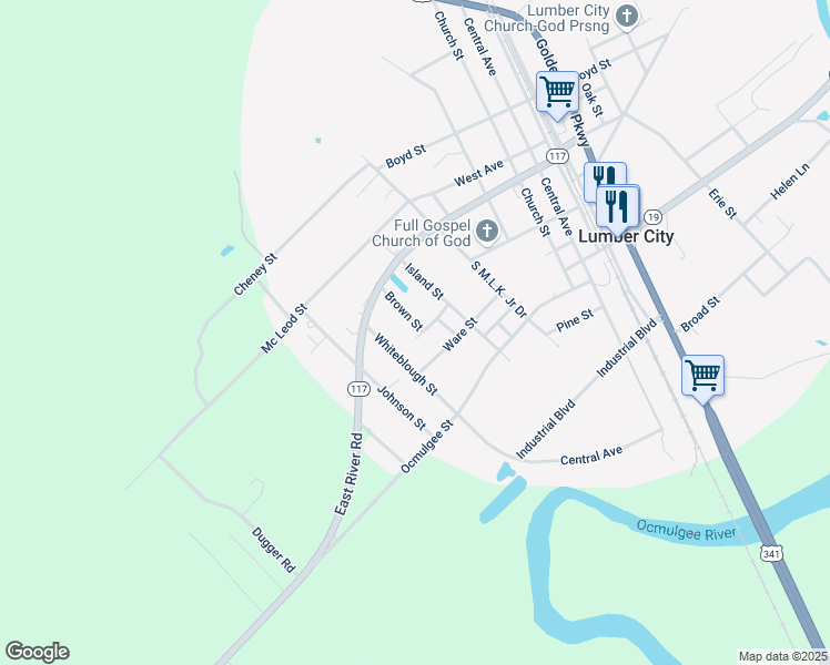 map of restaurants, bars, coffee shops, grocery stores, and more near 26 Brown Street in Lumber City
