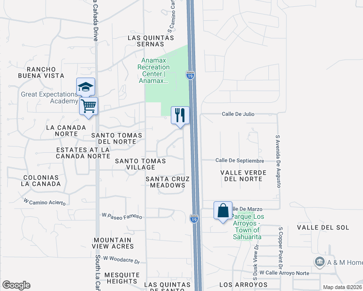 map of restaurants, bars, coffee shops, grocery stores, and more near 1085 Whispering Meadows Court in Sahuarita