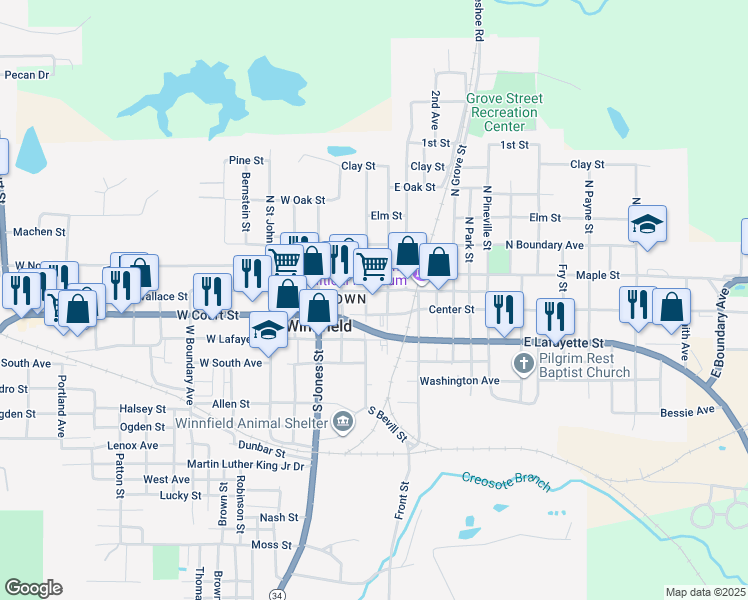 map of restaurants, bars, coffee shops, grocery stores, and more near 201 East Court Street in Winnfield