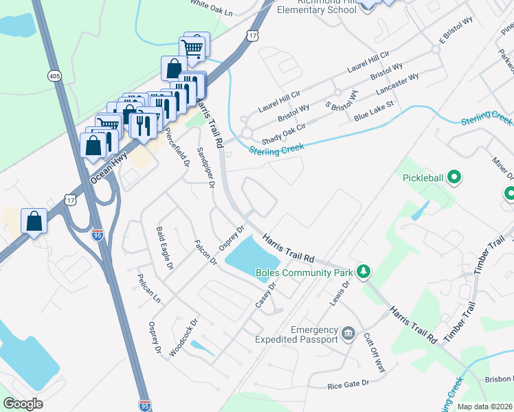 map of restaurants, bars, coffee shops, grocery stores, and more near 505 Harris Trail Road in Richmond Hill