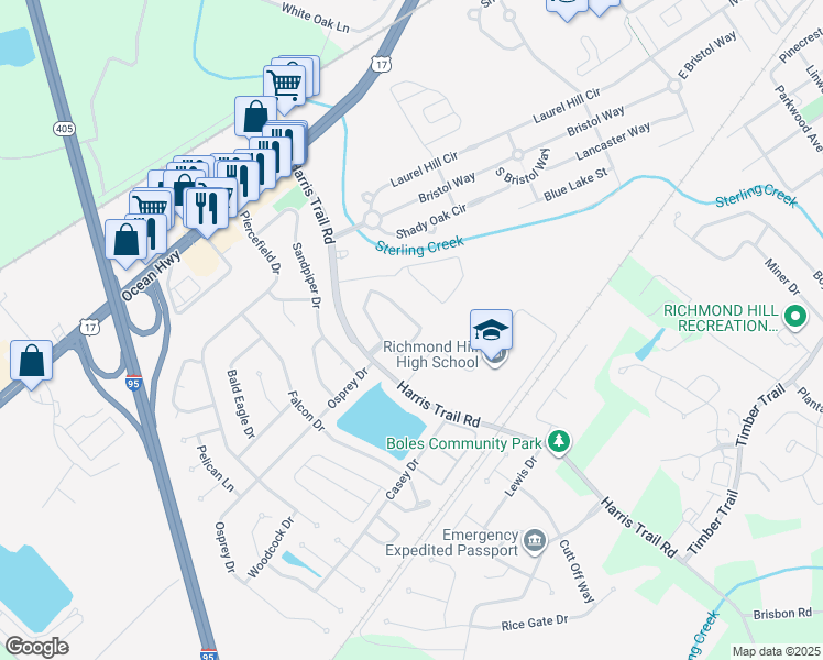 map of restaurants, bars, coffee shops, grocery stores, and more near 505 Harris Trail Road in Richmond Hill