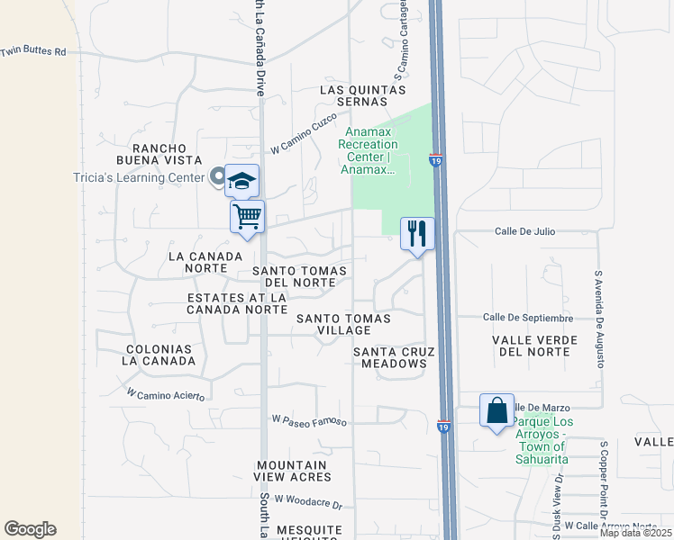 map of restaurants, bars, coffee shops, grocery stores, and more near 17732 South Camino De Las Quintas in Sahuarita