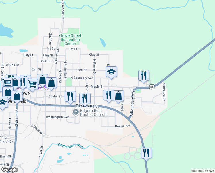 map of restaurants, bars, coffee shops, grocery stores, and more near 1511 Maple Street in Winnfield
