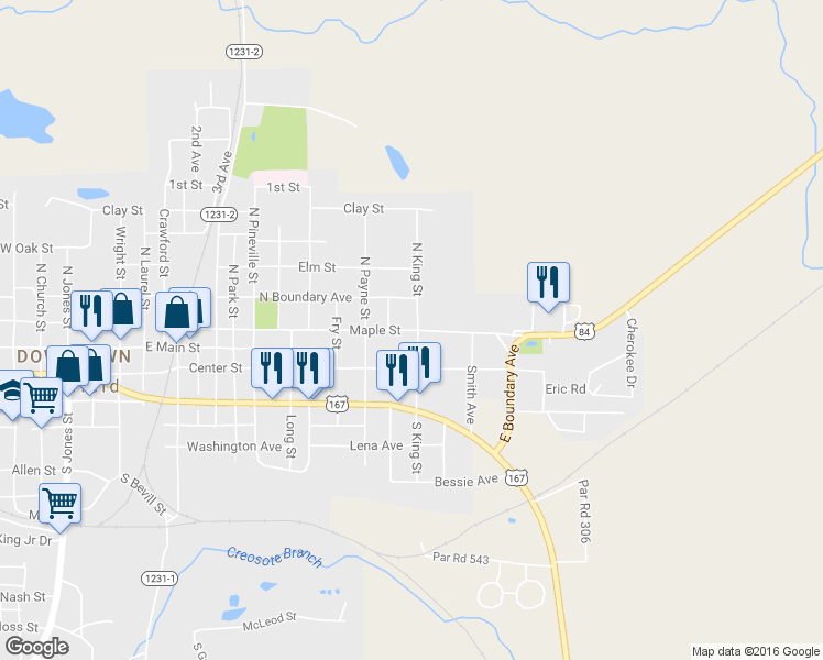 map of restaurants, bars, coffee shops, grocery stores, and more near 1511 Maple Street in Winnfield