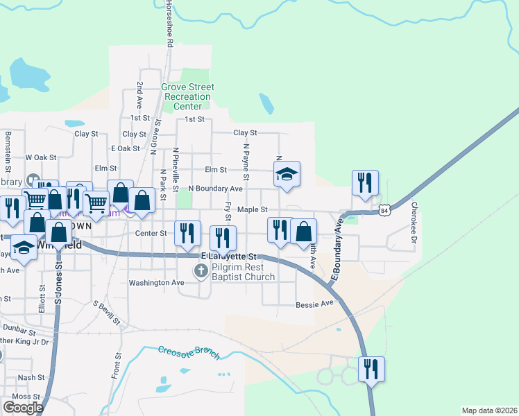 map of restaurants, bars, coffee shops, grocery stores, and more near 1511 Maple Street in Winnfield
