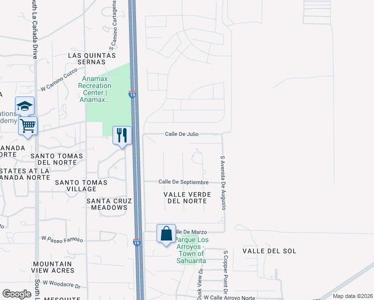 map of restaurants, bars, coffee shops, grocery stores, and more near 17721 South Placita Mayo in Green Valley