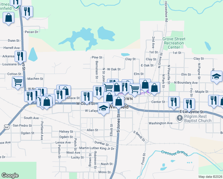 map of restaurants, bars, coffee shops, grocery stores, and more near 301 West North Street in Winnfield