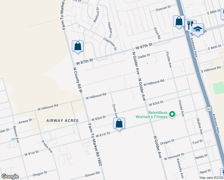 map of restaurants, bars, coffee shops, grocery stores, and more near 8518 Erron Avenue in Odessa