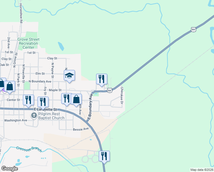map of restaurants, bars, coffee shops, grocery stores, and more near 1910 Shady Lane in Winnfield