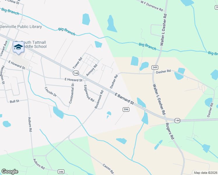 map of restaurants, bars, coffee shops, grocery stores, and more near 1201 East Barnard Street in Glennville