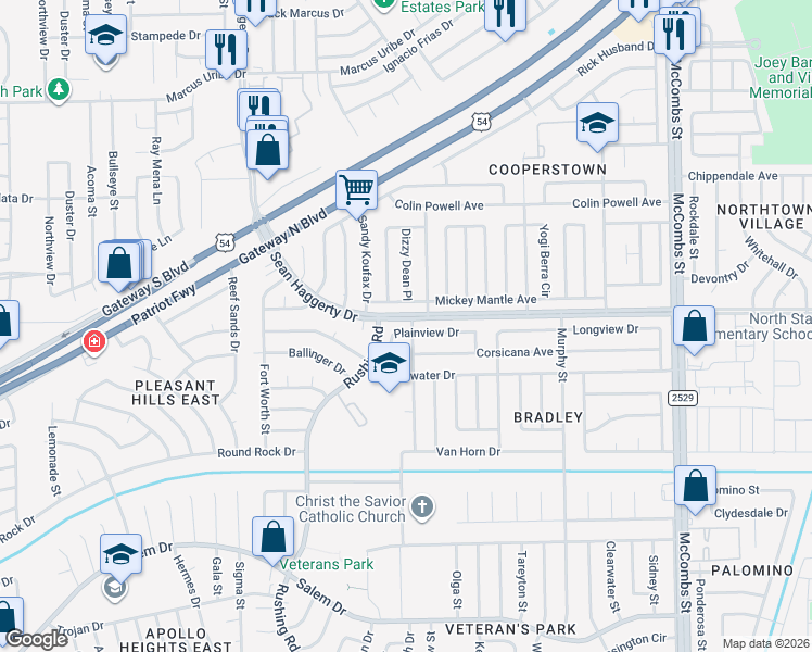 map of restaurants, bars, coffee shops, grocery stores, and more near 5341 Plainview Drive in El Paso