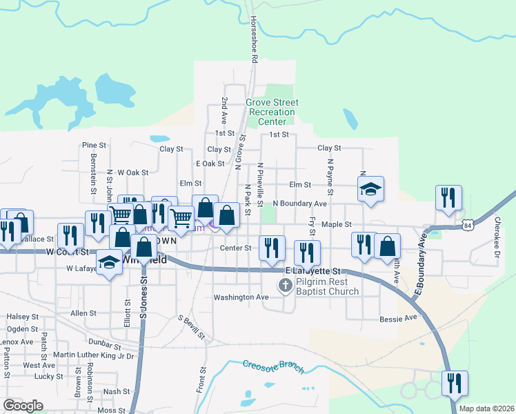 map of restaurants, bars, coffee shops, grocery stores, and more near 301 North Pineville Street in Winnfield