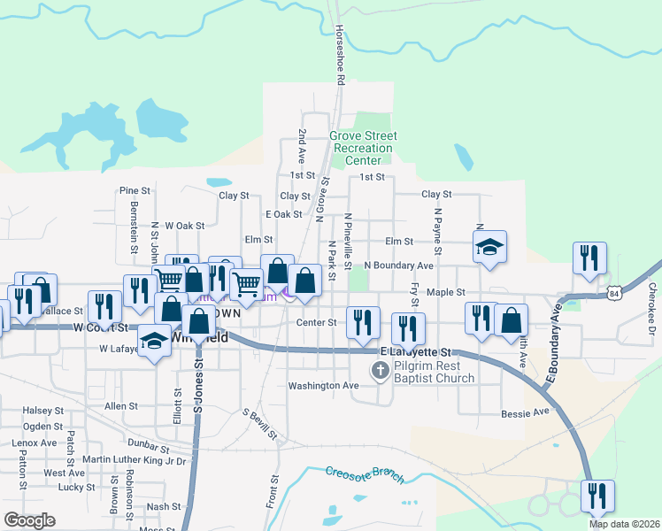 map of restaurants, bars, coffee shops, grocery stores, and more near 301-399 North Pineville Street in Winnfield