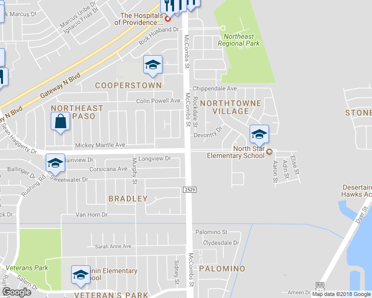 map of restaurants, bars, coffee shops, grocery stores, and more near 10901 McCombs Street in El Paso