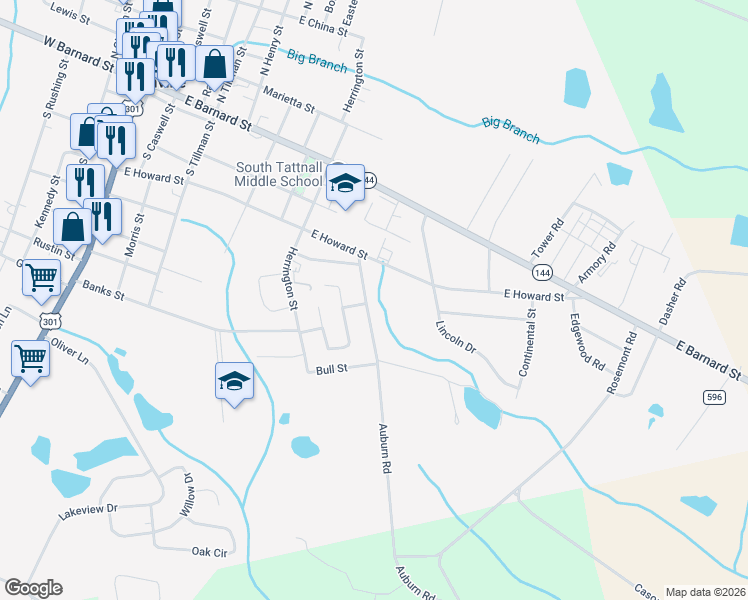 map of restaurants, bars, coffee shops, grocery stores, and more near 410 Auburn Road in Glennville