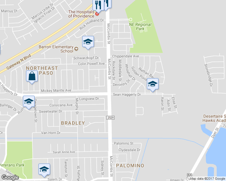 map of restaurants, bars, coffee shops, grocery stores, and more near 10900 McCombs Street in El Paso