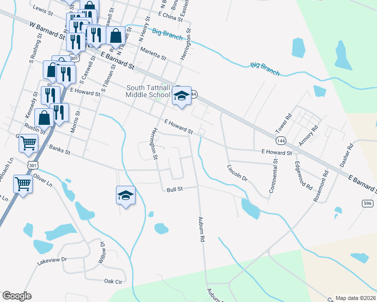 map of restaurants, bars, coffee shops, grocery stores, and more near 410 Auburn Road in Glennville