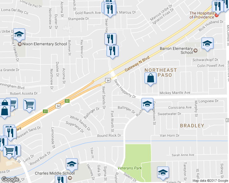 map of restaurants, bars, coffee shops, grocery stores, and more near 10916 Fort Worth Street in El Paso
