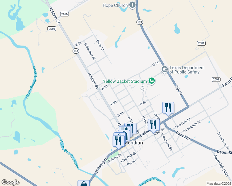 map of restaurants, bars, coffee shops, grocery stores, and more near 607 Bosque Street in Meridian