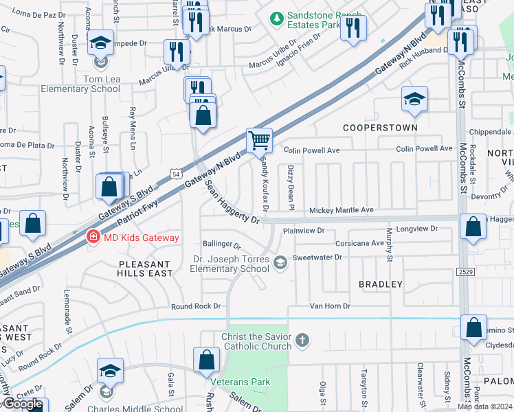map of restaurants, bars, coffee shops, grocery stores, and more near 10912 Ernie Banks Drive in El Paso