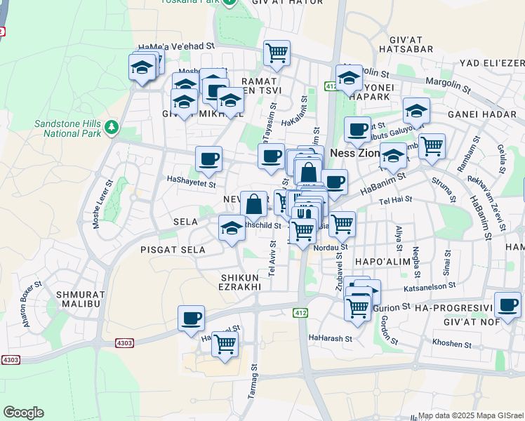 map of restaurants, bars, coffee shops, grocery stores, and more near 17 Emek ha-Shoshanim Street in Ness Ziona