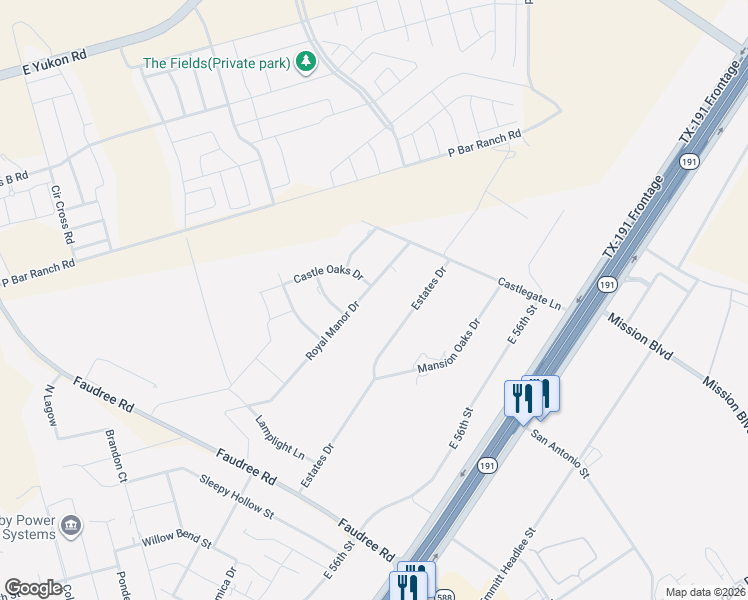 map of restaurants, bars, coffee shops, grocery stores, and more near 42 Royal Manor Drive in Odessa