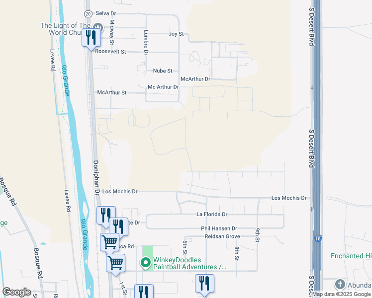 map of restaurants, bars, coffee shops, grocery stores, and more near El Bordo Drive in Canutillo