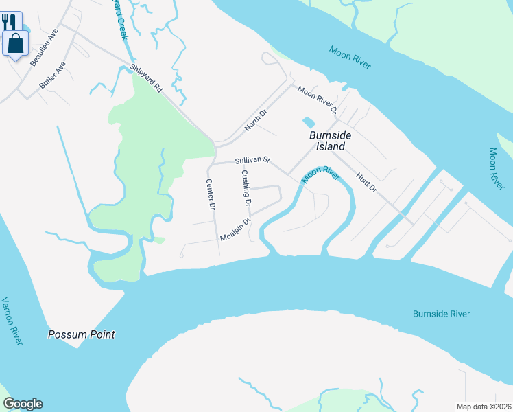 map of restaurants, bars, coffee shops, grocery stores, and more near 59 Vista Point Drive in Savannah
