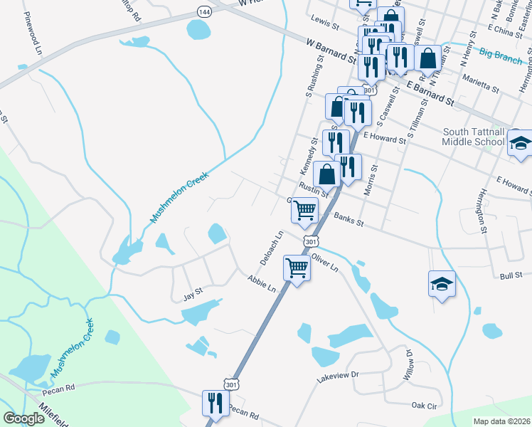 map of restaurants, bars, coffee shops, grocery stores, and more near 712 Virginia Avenue in Glennville