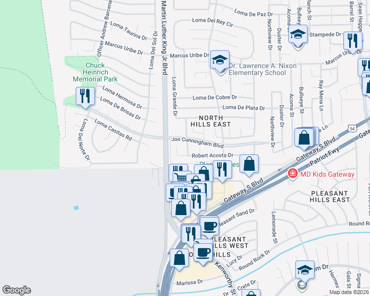 map of restaurants, bars, coffee shops, grocery stores, and more near 10885 Alfredo Vasquez Place in El Paso