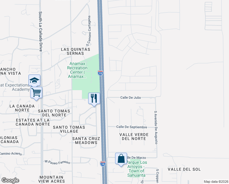 map of restaurants, bars, coffee shops, grocery stores, and more near 901 Calle De Julio in Green Valley