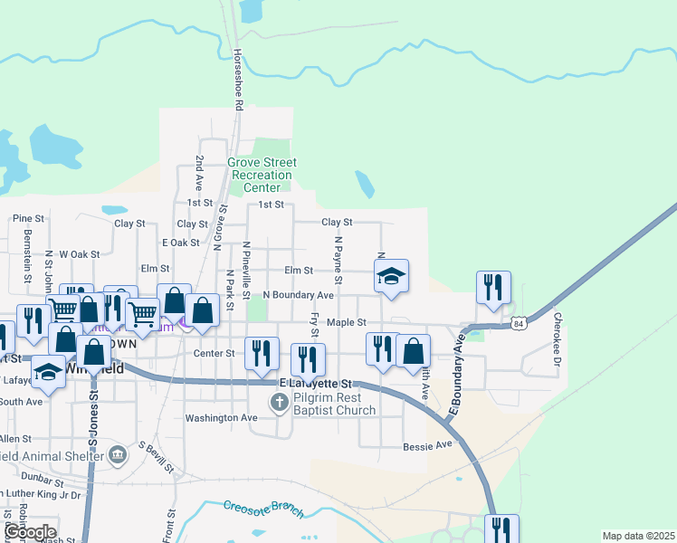 map of restaurants, bars, coffee shops, grocery stores, and more near 1398 Elm St in Winnfield
