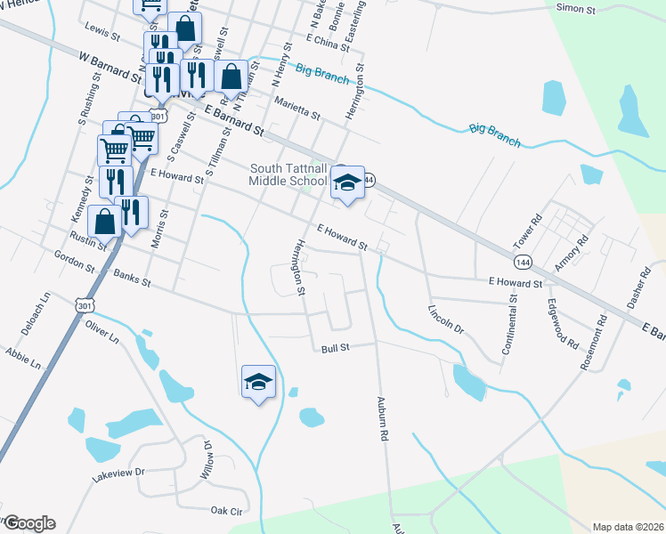 map of restaurants, bars, coffee shops, grocery stores, and more near 131 Auburn Circle in Glennville