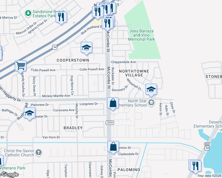 map of restaurants, bars, coffee shops, grocery stores, and more near 10900 McCombs Street in El Paso