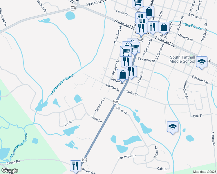 map of restaurants, bars, coffee shops, grocery stores, and more near 106 Chance Lane in Glennville