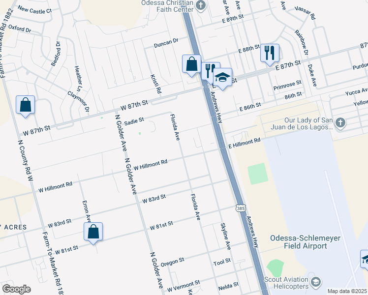 map of restaurants, bars, coffee shops, grocery stores, and more near 8408 Florida Avenue in Odessa