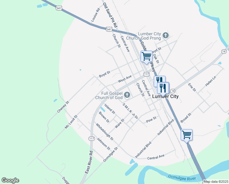 map of restaurants, bars, coffee shops, grocery stores, and more near 33 Main Street in Lumber City