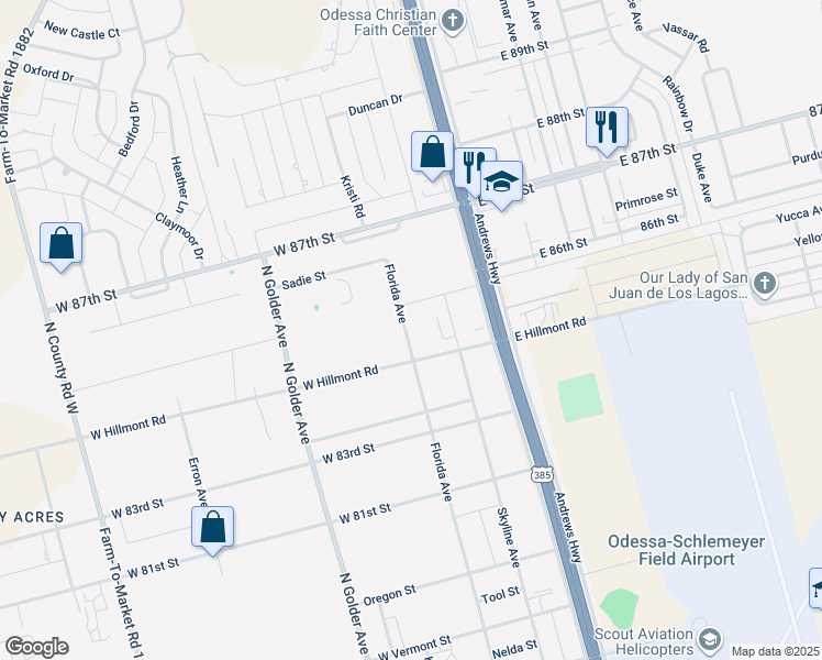 map of restaurants, bars, coffee shops, grocery stores, and more near 8408 Florida Avenue in Odessa