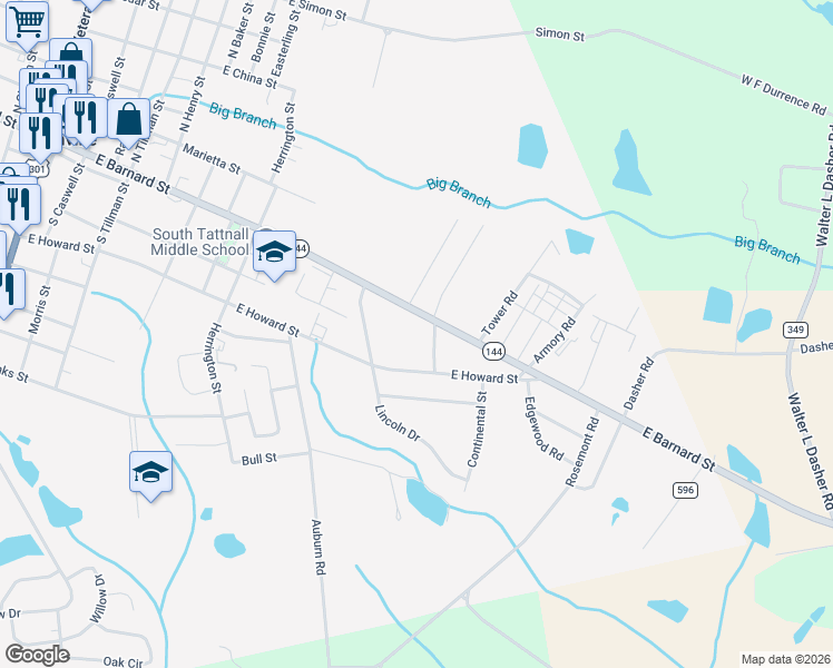 map of restaurants, bars, coffee shops, grocery stores, and more near 807 East Barnard Street in Glennville