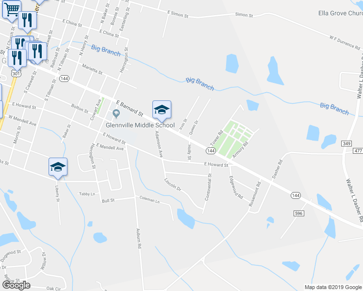 map of restaurants, bars, coffee shops, grocery stores, and more near 807 East Barnard Street in Glennville