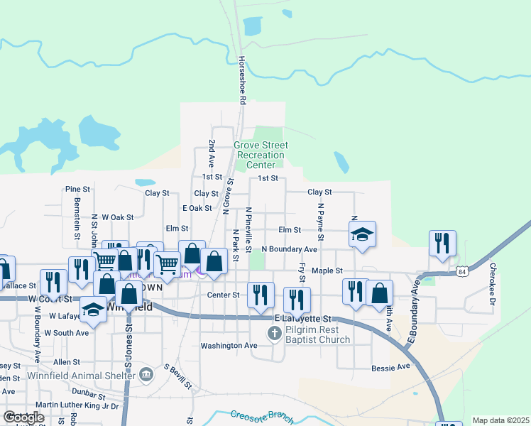 map of restaurants, bars, coffee shops, grocery stores, and more near 1101 East Oak Street in Winnfield
