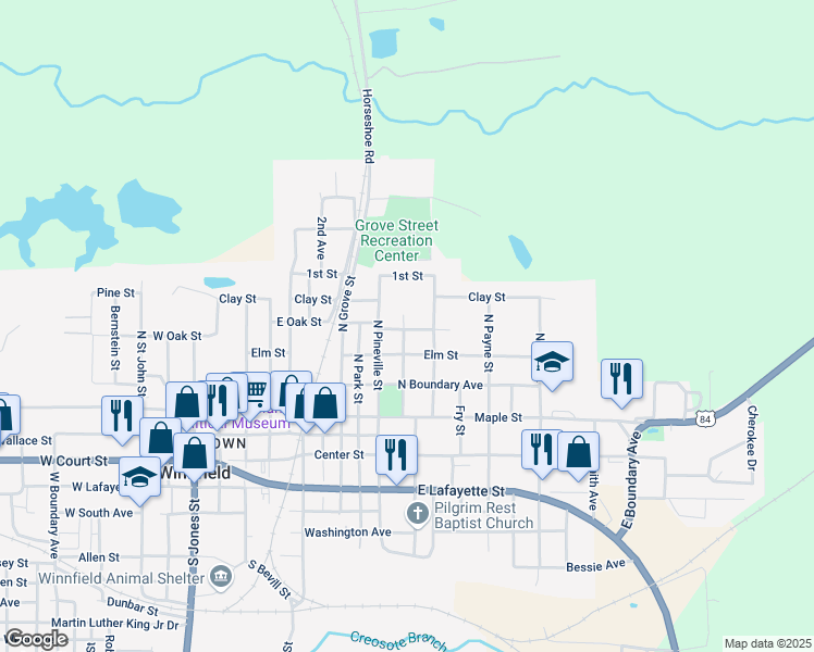 map of restaurants, bars, coffee shops, grocery stores, and more near 1101-1109 East Oak Street in Winnfield